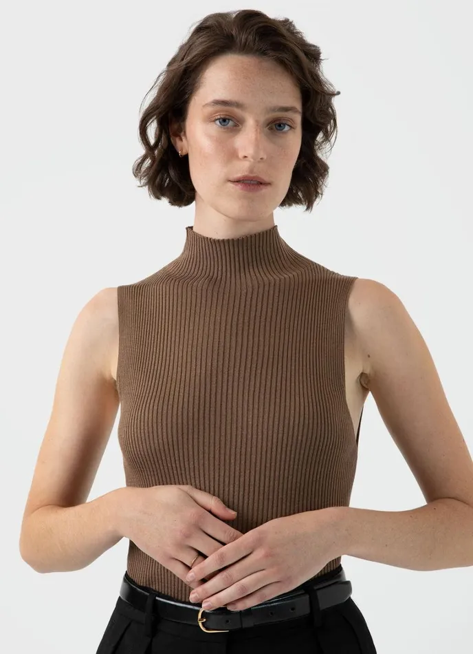 SUNSPEL Knitwear Mulberry Silk Rib Vest Jumper Dark Sand 8211 Women