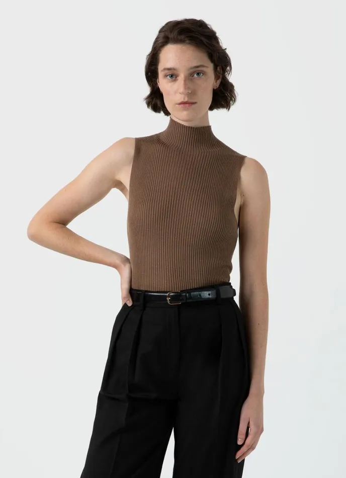 SUNSPEL Knitwear Mulberry Silk Rib Vest Jumper Dark Sand 8211 Women