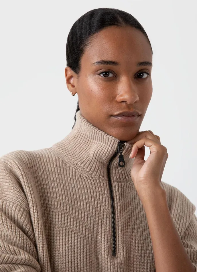 SUNSPEL Knitwear Wool Cashmere Rib Zip Neck Oatmeal Melange 8211 Women