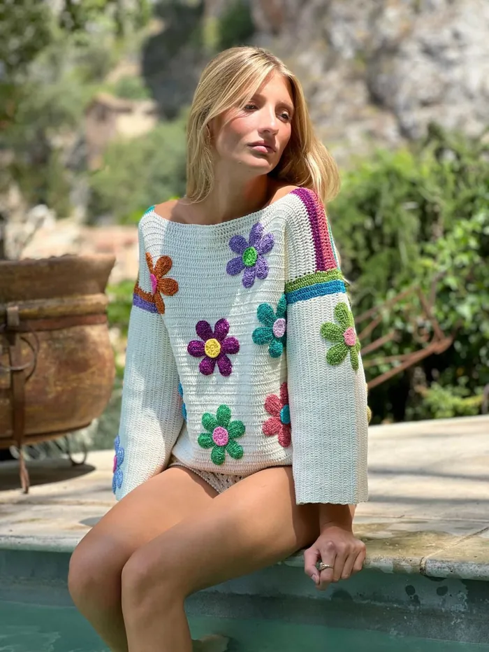 Sweaters Women Rose Carmine SWEATER FREE FLOWERS ECRU Spring Summer
