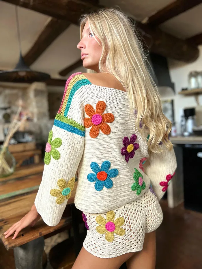 Sweaters Women Rose Carmine SWEATER FREE FLOWERS ECRU Spring Summer