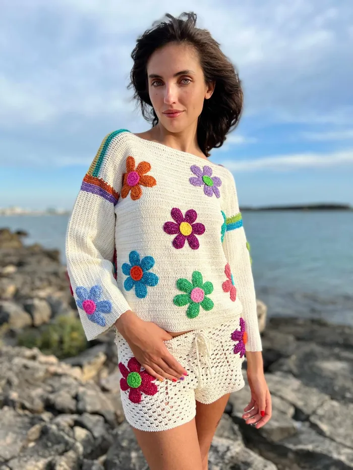 Sweaters Women Rose Carmine SWEATER FREE FLOWERS ECRU Spring Summer