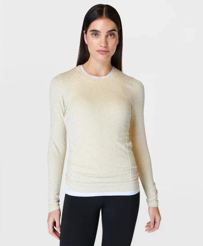 Sweaty Betty Glisten Seamless Long Sleeve Top Beige Leopard Marks Jacquard Clothing Long Sleeve Tops