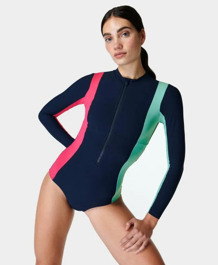 Sweaty Betty Tidal Xtra Life Long Sleeve Swimsuit French Navy Blue Colour Block Clothing
