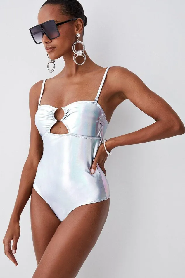 Swimwear Women Karen Millen Metallic Cut Out Silver Trim Swimsuit Metallic Silver