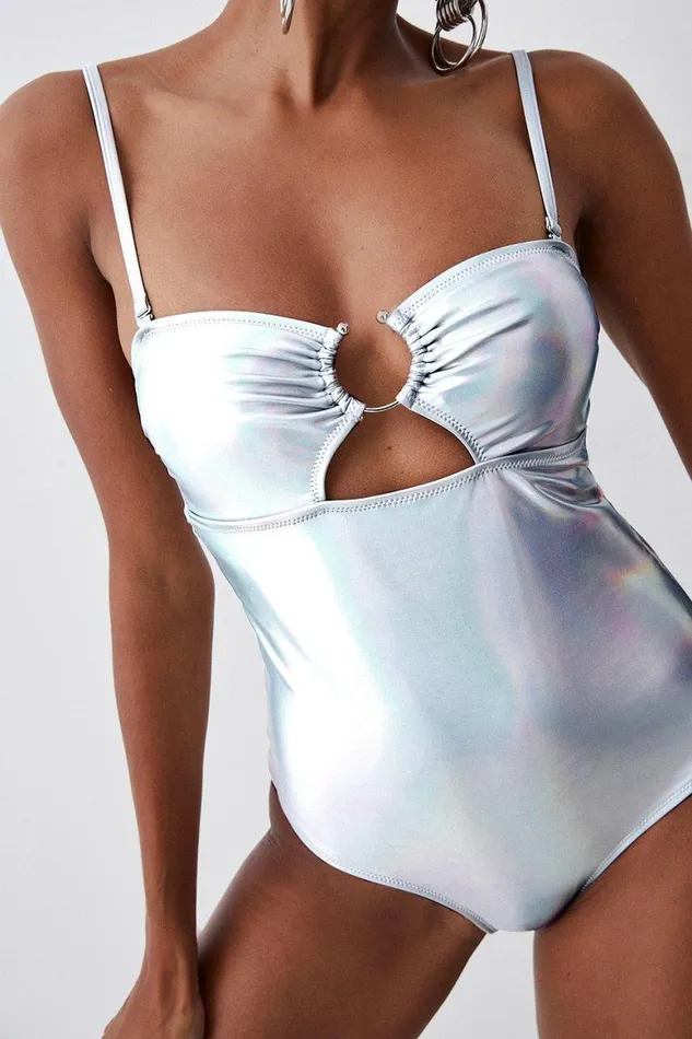 Swimwear Women Karen Millen Metallic Cut Out Silver Trim Swimsuit Metallic Silver