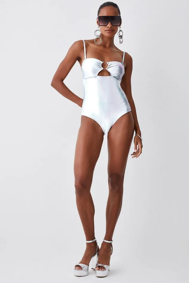 Swimwear Women Karen Millen Metallic Cut Out Silver Trim Swimsuit Metallic Silver