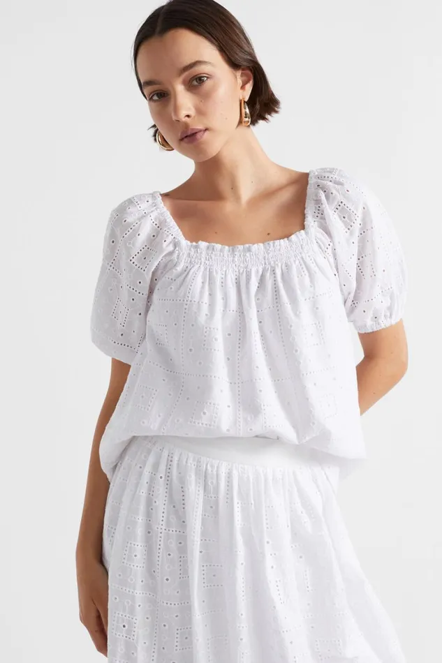 TShirts and Tops Woman Seed Heritage Broderie Square Neck Top Whisper White