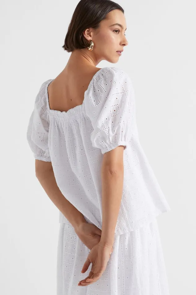 TShirts and Tops Woman Seed Heritage Broderie Square Neck Top Whisper White