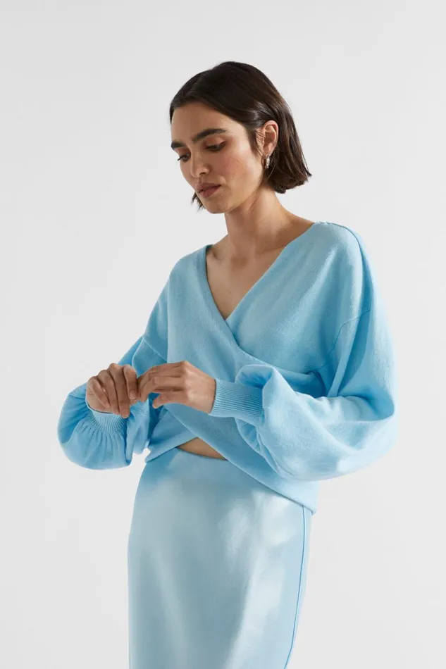 TShirts and Tops Woman Seed Heritage Cotton Wrap Front Knit Shimmer Blue