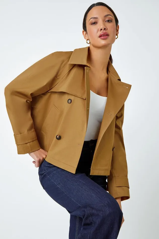 Tan Cotton Blend Cropped Stretch Trench Coat Women Roman Jackets