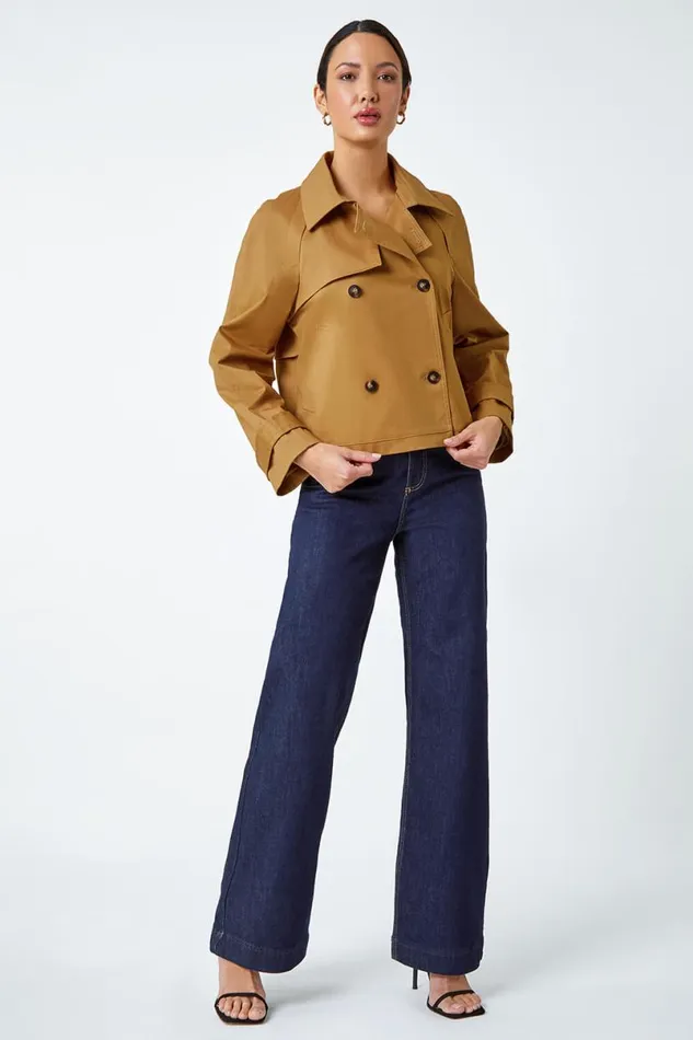 Tan Cotton Blend Cropped Stretch Trench Coat Women Roman Jackets