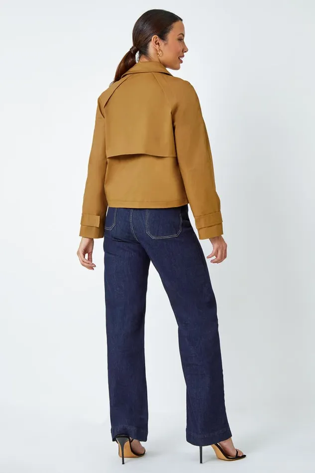 Tan Cotton Blend Cropped Stretch Trench Coat Women Roman Jackets