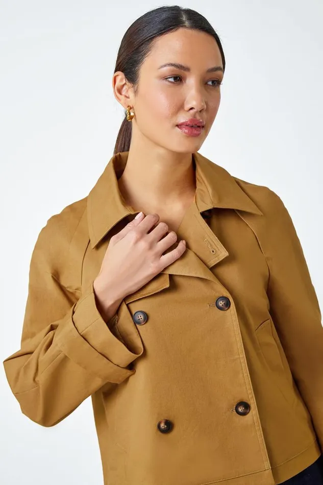 Tan Cotton Blend Cropped Stretch Trench Coat Women Roman Jackets
