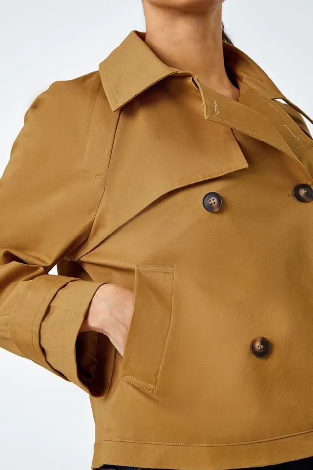 Tan Cotton Blend Cropped Stretch Trench Coat Women Roman Jackets