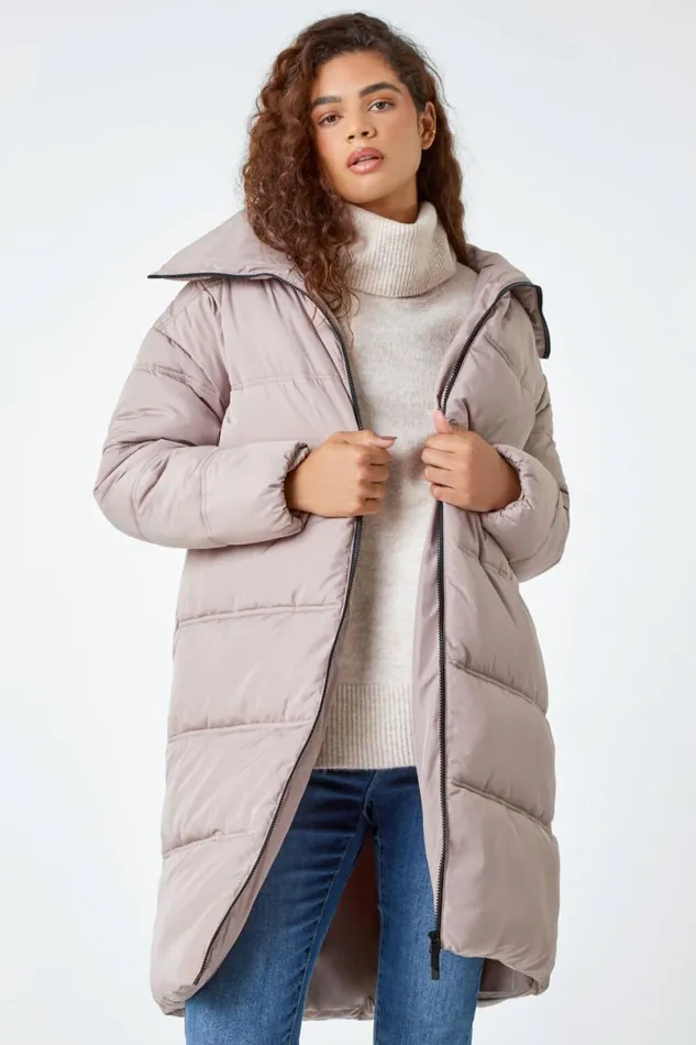 Taupe Longline Padded Coat Women Roman Coats