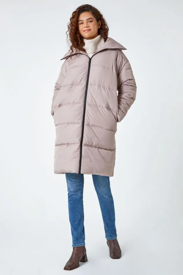 Taupe Longline Padded Coat Women Roman Coats