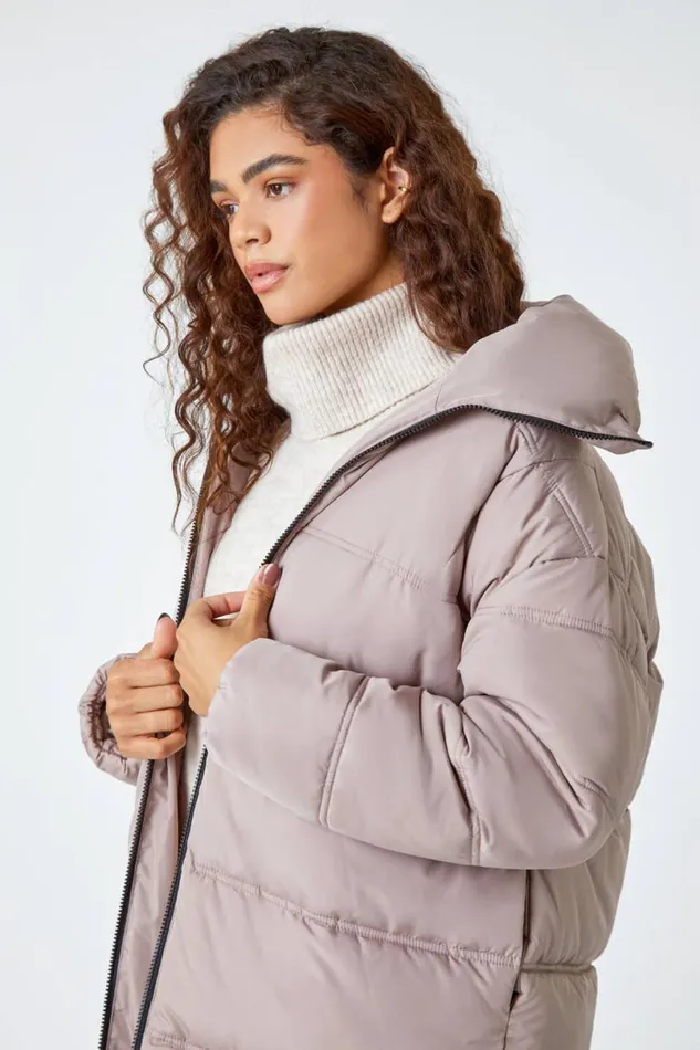 Taupe Longline Padded Coat Women Roman Coats