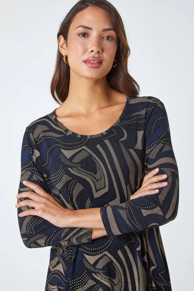 Taupe Swirl Print Hanky Hem Stretch Top Women Roman Tops