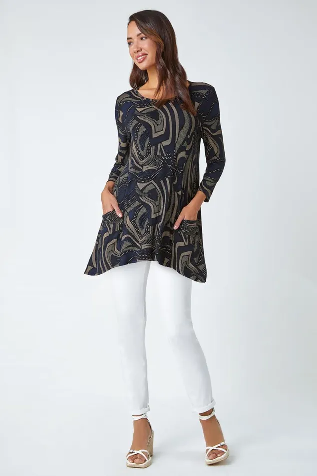 Taupe Swirl Print Hanky Hem Stretch Top Women Roman Tops