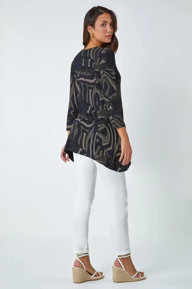 Taupe Swirl Print Hanky Hem Stretch Top Women Roman Tops