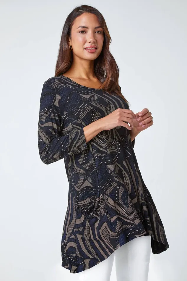 Taupe Swirl Print Hanky Hem Stretch Top Women Roman Tops