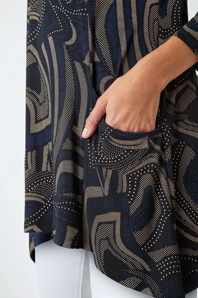 Taupe Swirl Print Hanky Hem Stretch Top Women Roman Tops