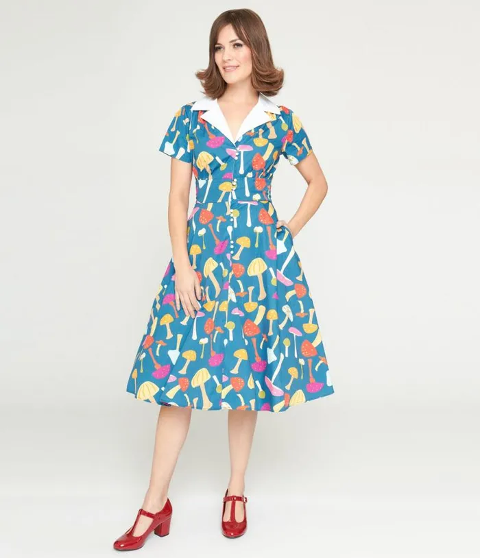 Teal and Multicolor Mushroom Swing Dress Dresses Unique Vintage Pocket Dresses