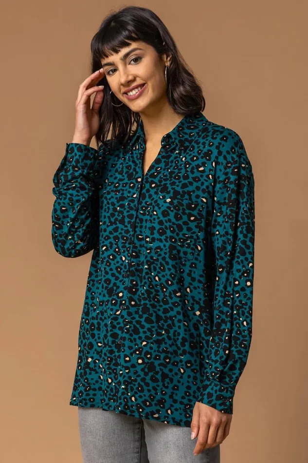 Teal Animal Print Jersey Buttoned Shirt Women Roman Tops