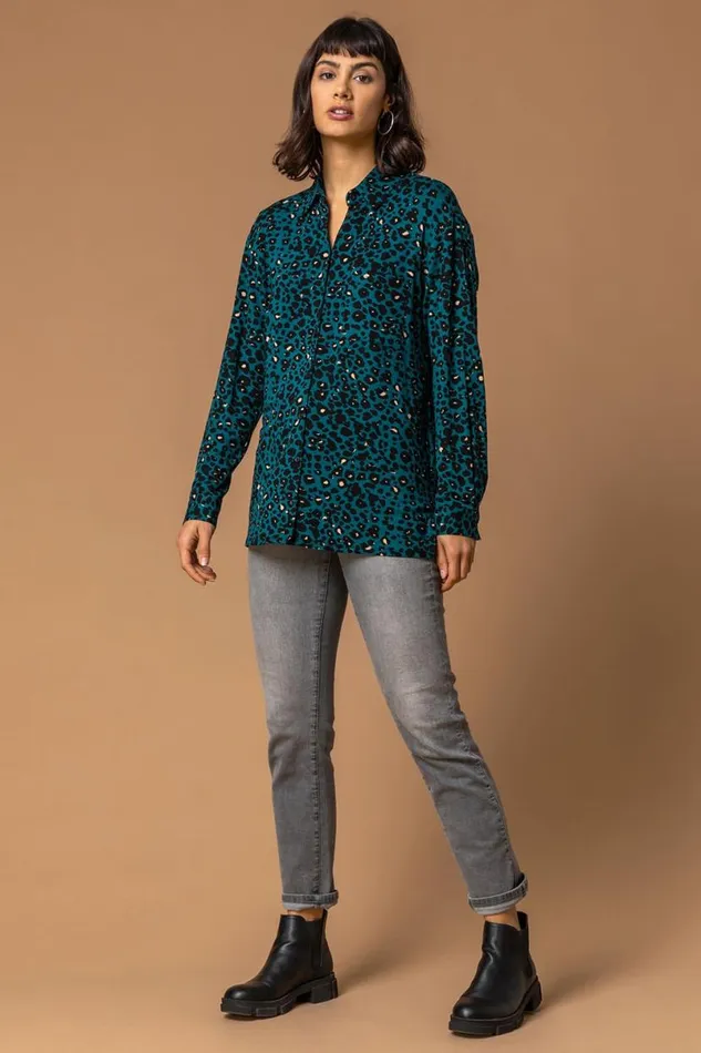 Teal Animal Print Jersey Buttoned Shirt Women Roman Tops