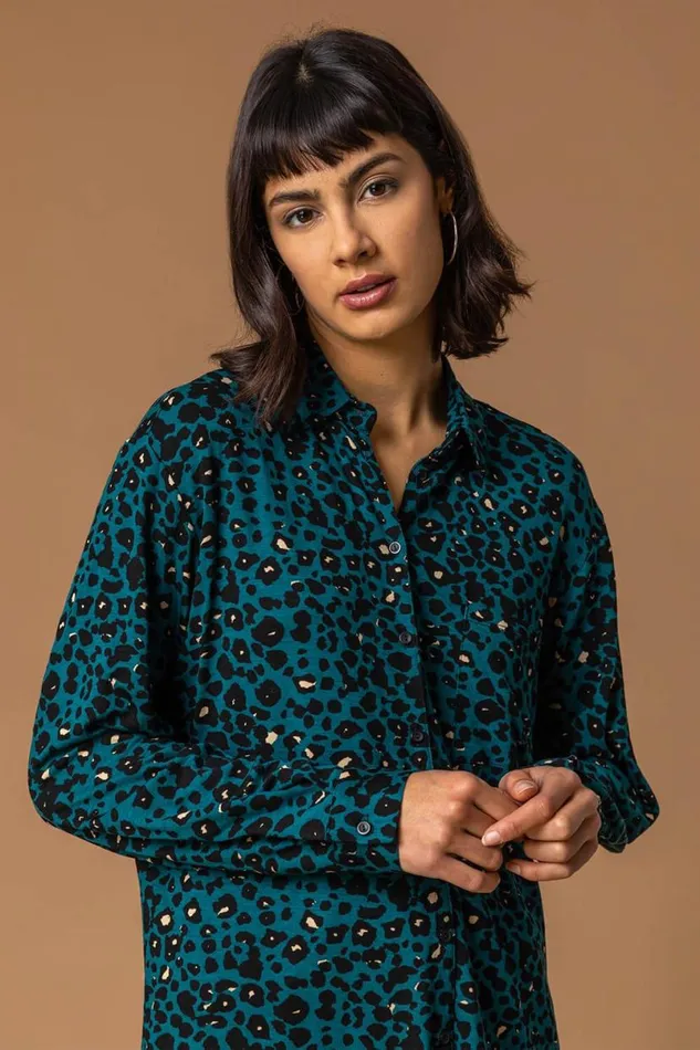 Teal Animal Print Jersey Buttoned Shirt Women Roman Tops
