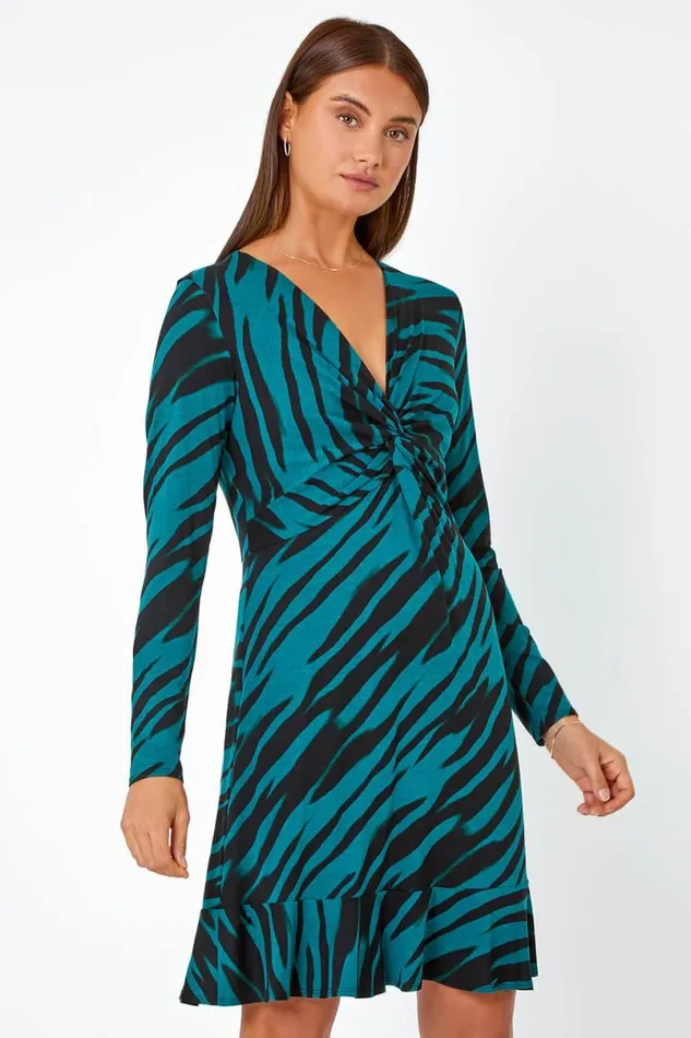 Teal Animal Twist Front Frill Hem Bodycon Dress Women Roman Dresses