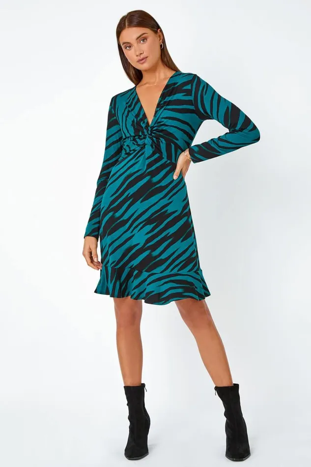 Teal Animal Twist Front Frill Hem Bodycon Dress Women Roman Dresses