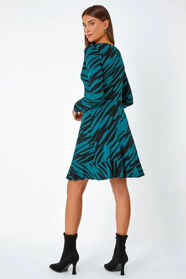 Teal Animal Twist Front Frill Hem Bodycon Dress Women Roman Dresses