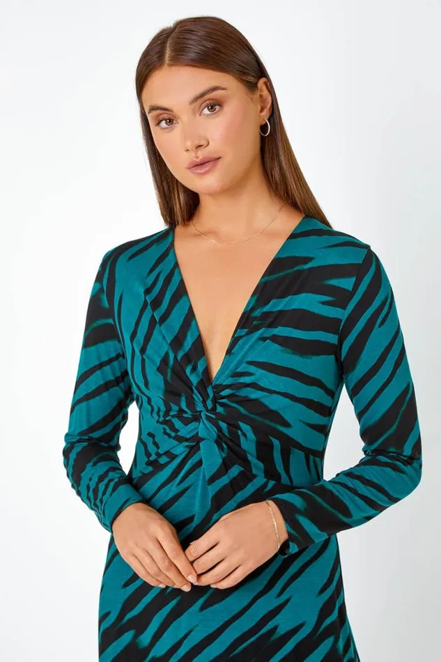 Teal Animal Twist Front Frill Hem Bodycon Dress Women Roman Dresses