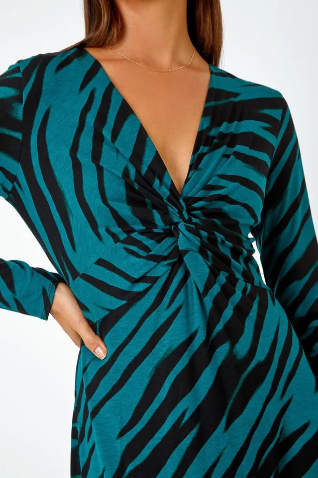 Teal Animal Twist Front Frill Hem Bodycon Dress Women Roman Dresses
