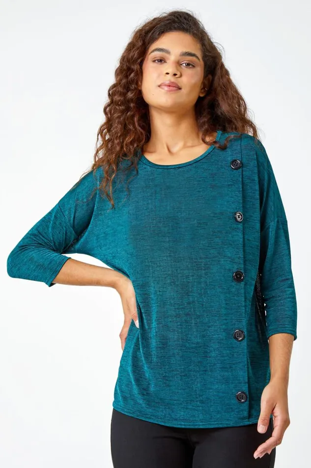 Teal Button Detail Marl Stretch Top Women Roman Tops