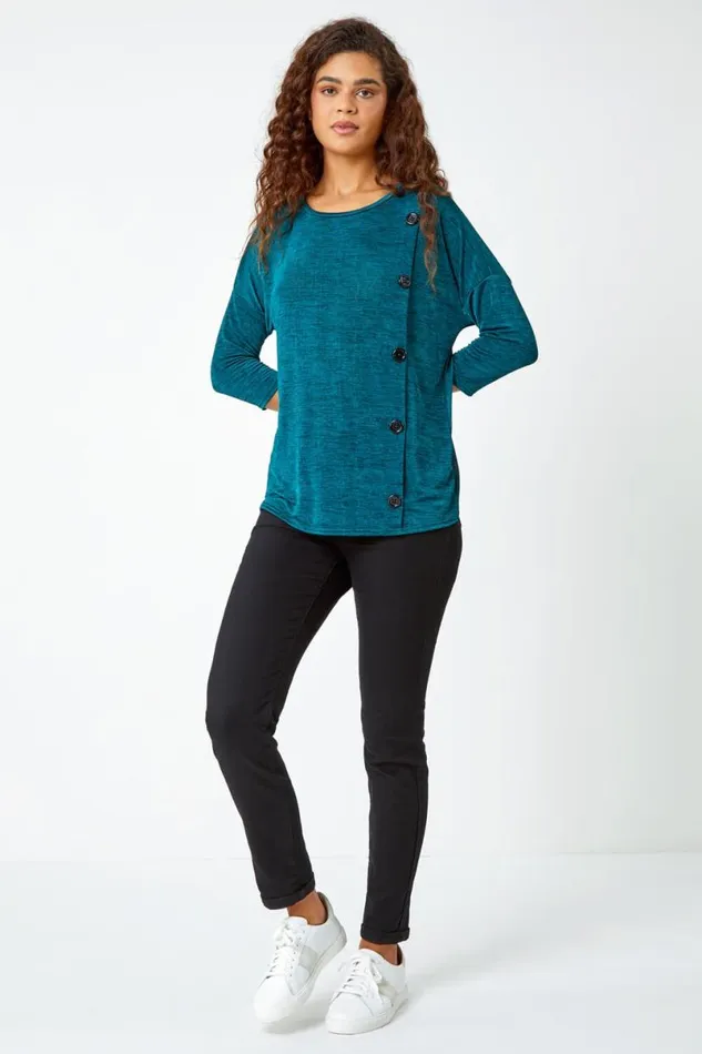 Teal Button Detail Marl Stretch Top Women Roman Tops
