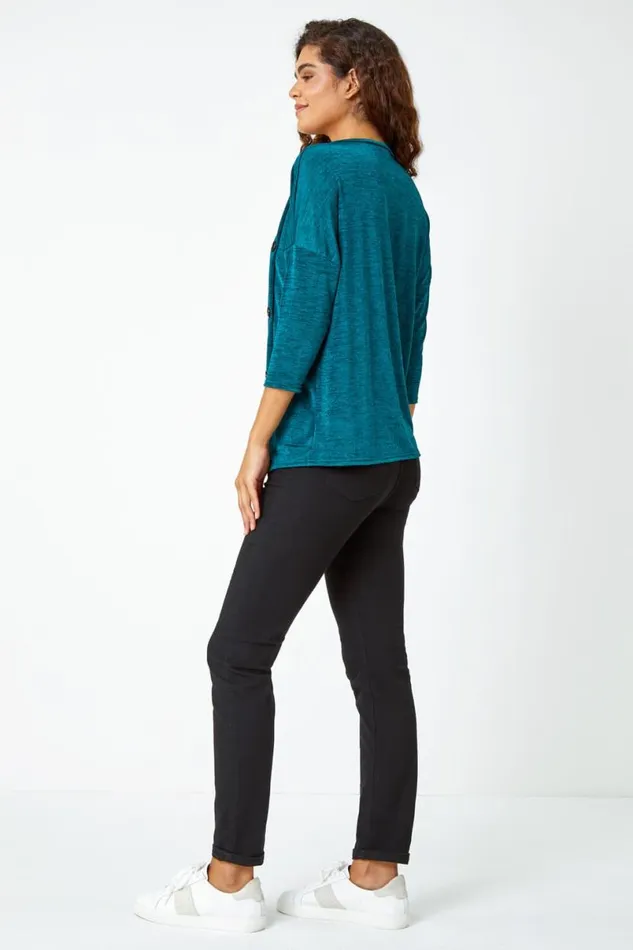 Teal Button Detail Marl Stretch Top Women Roman Tops