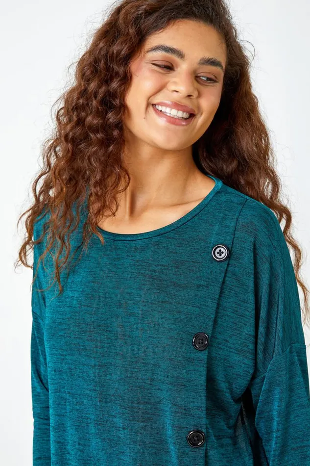 Teal Button Detail Marl Stretch Top Women Roman Tops