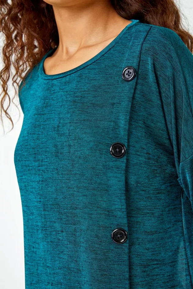 Teal Button Detail Marl Stretch Top Women Roman Tops