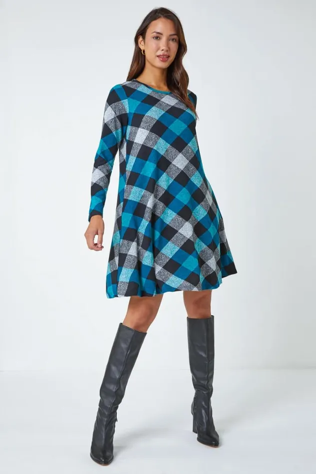 Teal Check Print Swing Stretch Dress Women Roman Dresses