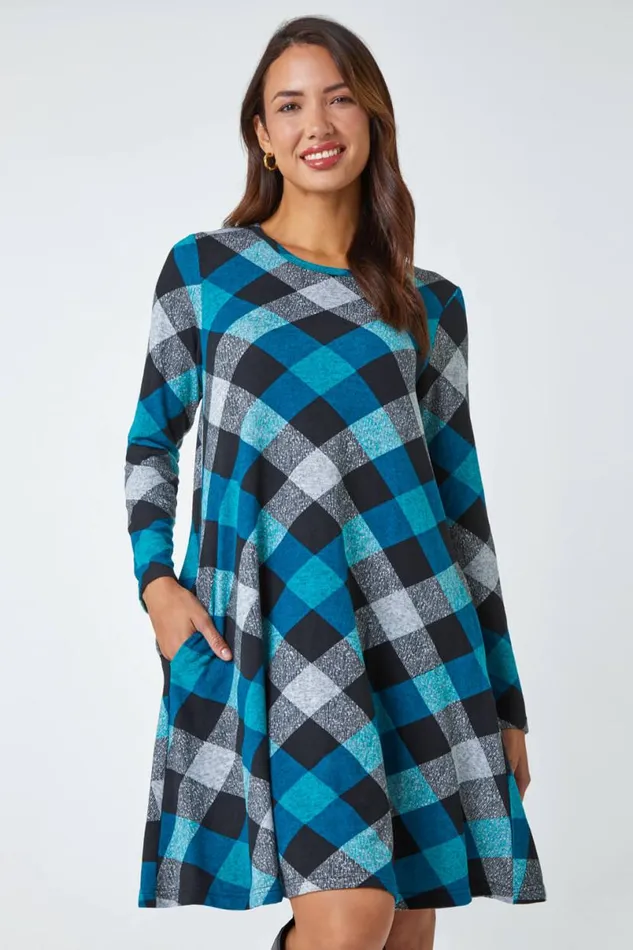 Teal Check Print Swing Stretch Dress Women Roman Dresses