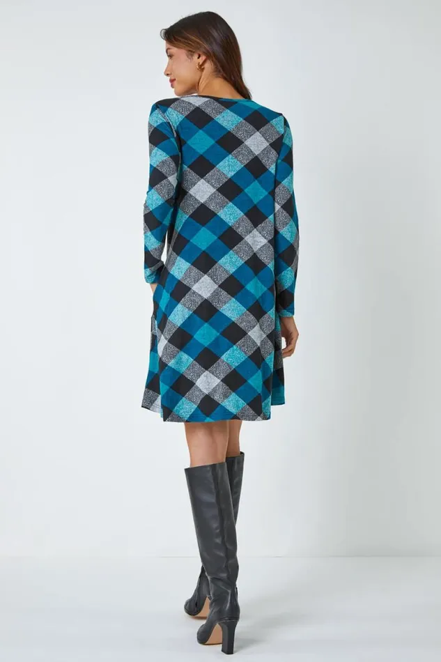 Teal Check Print Swing Stretch Dress Women Roman Dresses