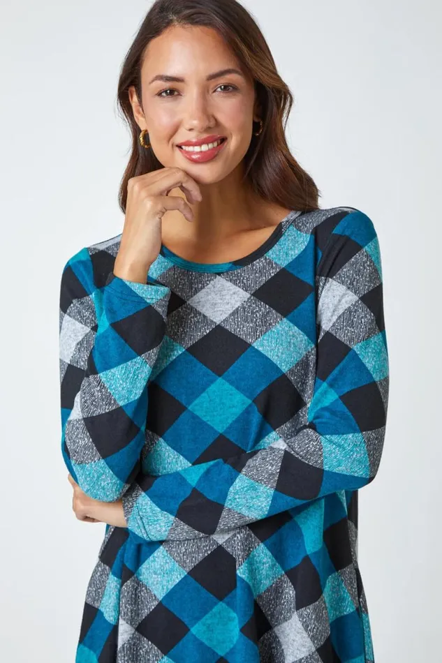Teal Check Print Swing Stretch Dress Women Roman Dresses