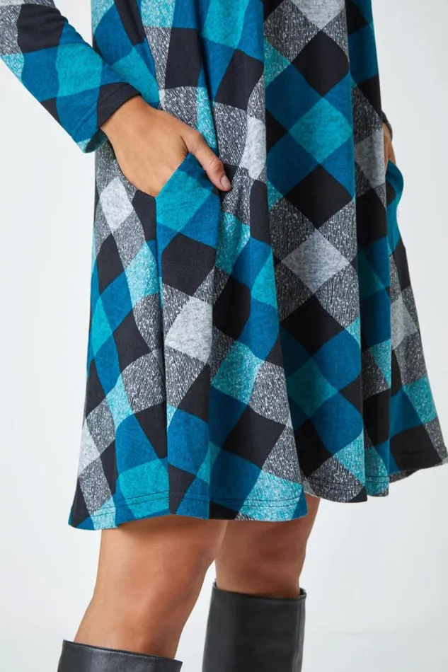 Teal Check Print Swing Stretch Dress Women Roman Dresses