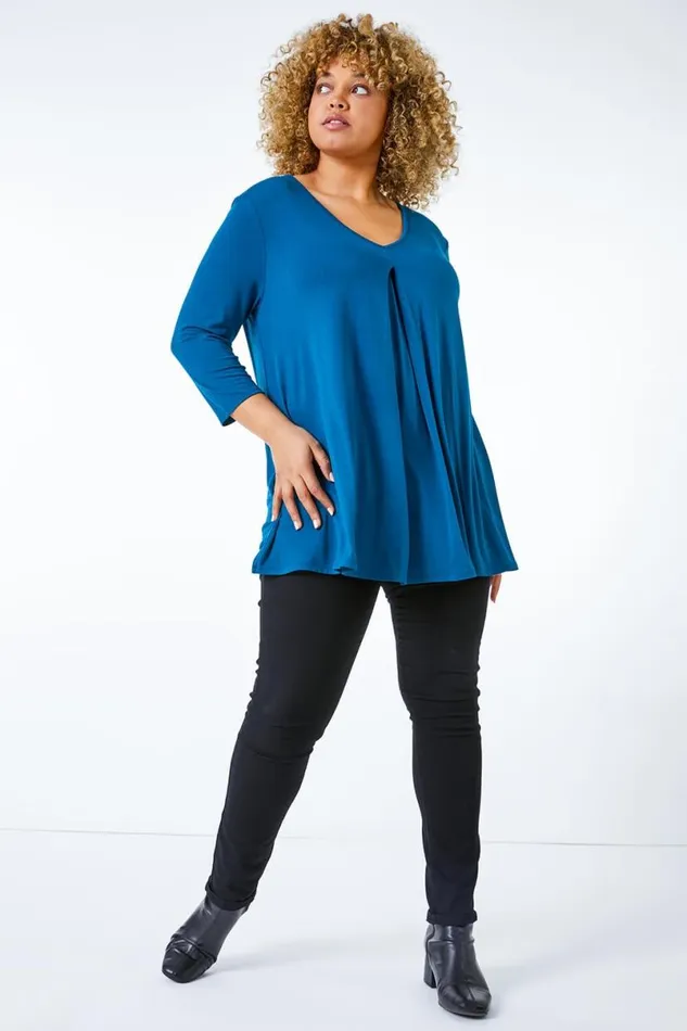 Teal Curve Pleat Front Stretch Top Women Roman Tops