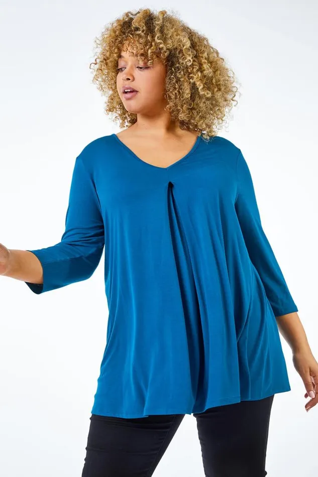 Teal Curve Pleat Front Stretch Top Women Roman Tops