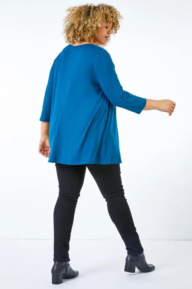 Teal Curve Pleat Front Stretch Top Women Roman Tops