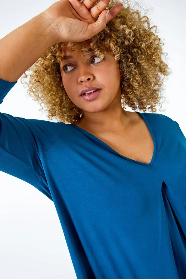 Teal Curve Pleat Front Stretch Top Women Roman Tops